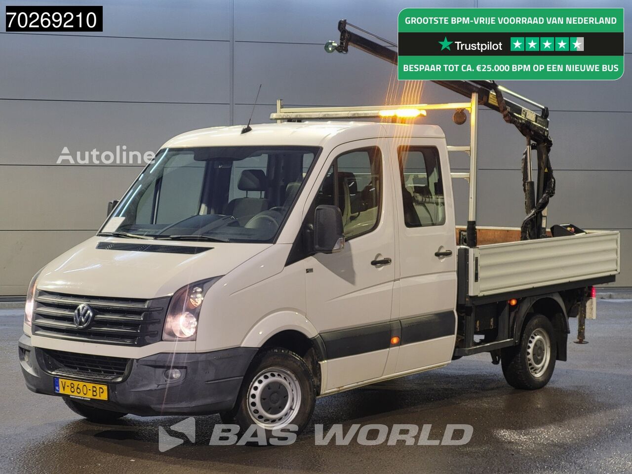 бортова вантажiвка < 3.5т Volkswagen Crafter 140pk Euro6 Open Laadbak met Kraan Hiab Q13T Kraanwagen