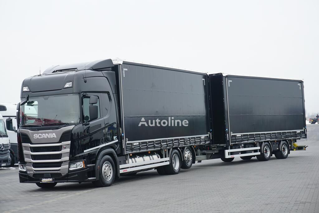 Scania R 410 / LNG / ACC / EURO 6 / ZESTAW PRZEJAZDOWY 120 M3 / RETARDE curtainsider truck + curtain side trailer