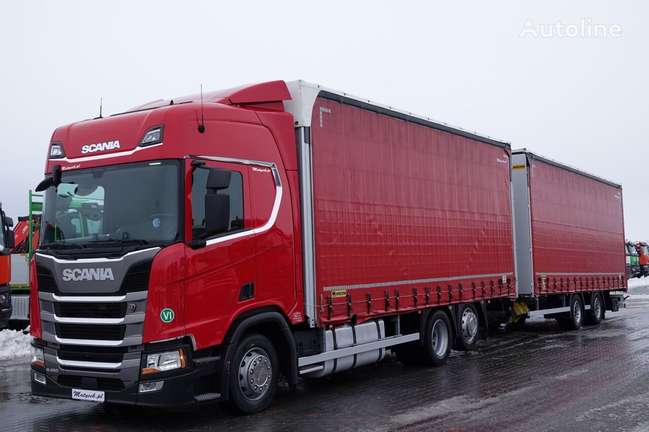 вантажівка шторна Scania R 450 / ZESTAW TANDEM 120 M3 / PRZEJAZDOWY / 2019 ROK / PO ZŁOTY + причіп штора