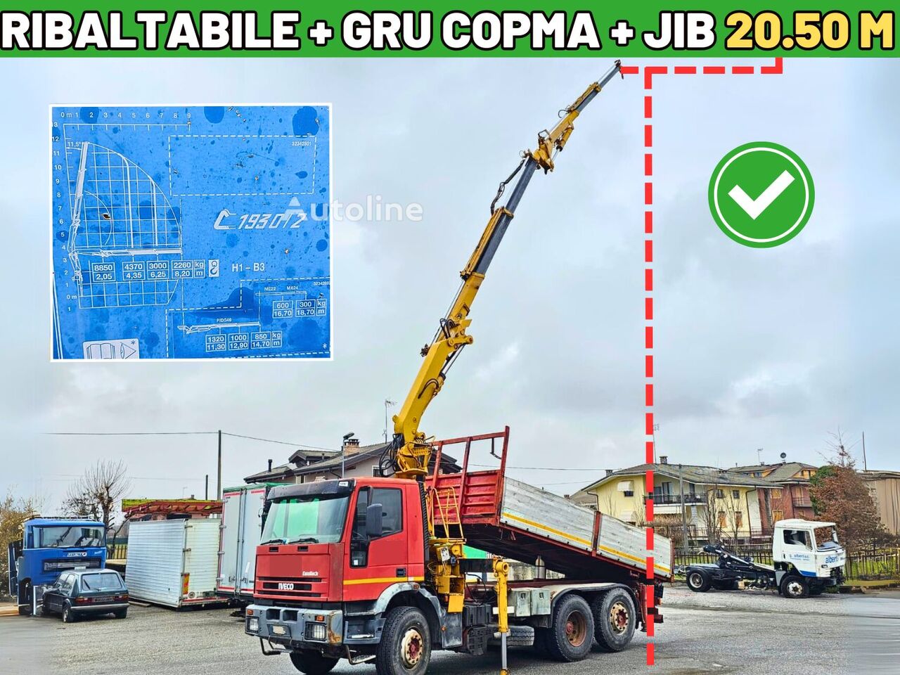 camion-benne IVECO EUROTECH 190E30 CON GRU 20 M E GIB