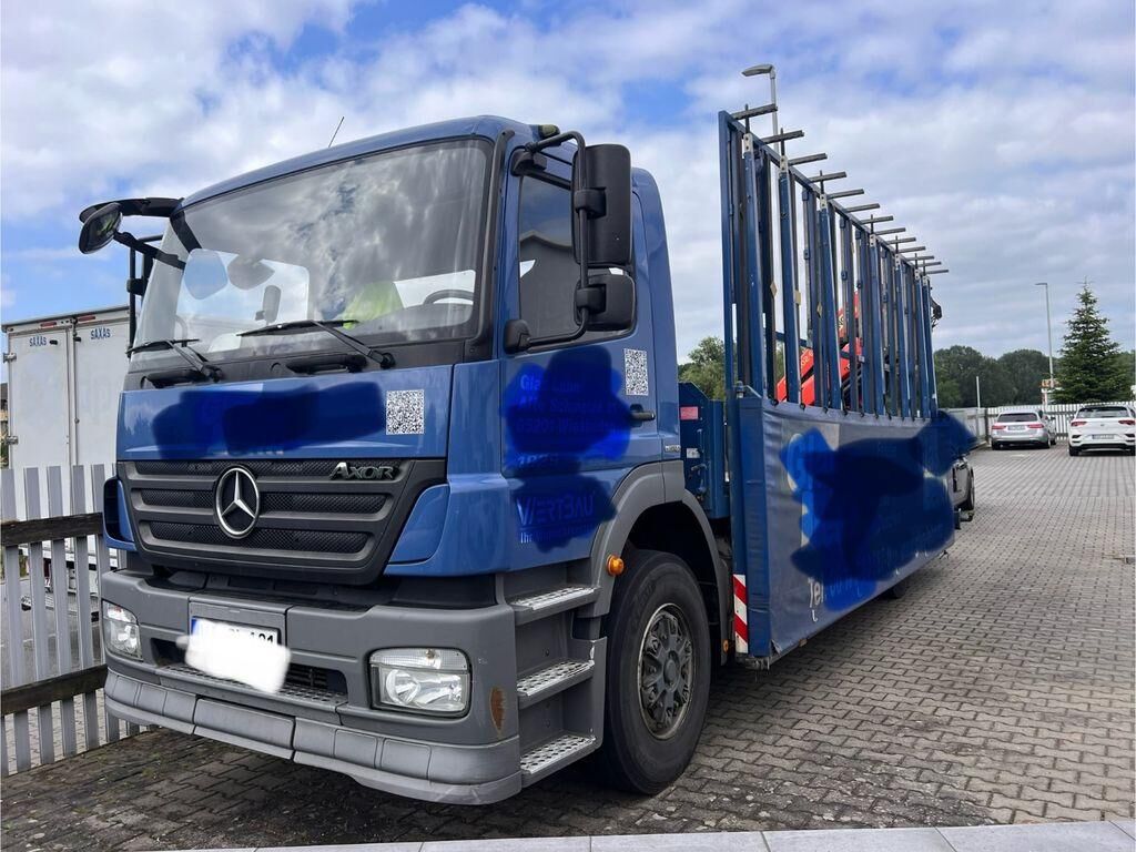 شاحنة مسطحة Mercedes-Benz Axor 1829 Crane Palfinger PK 12002 Glasstransporter