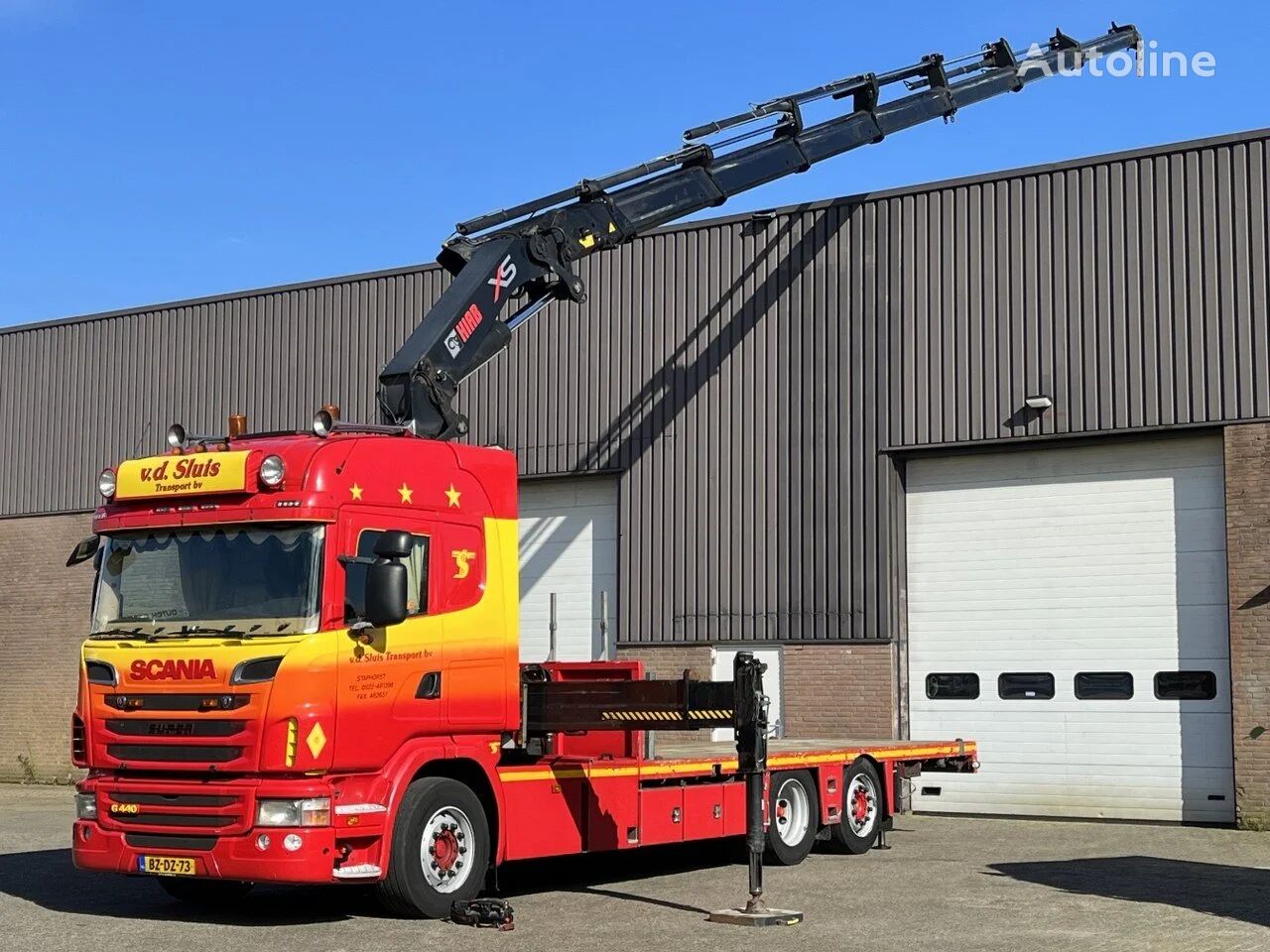 camion plateau Scania G440 / Hiab 422E-7 HiPro kraan / 7 x uitschuifbaar / Euro5 / Man