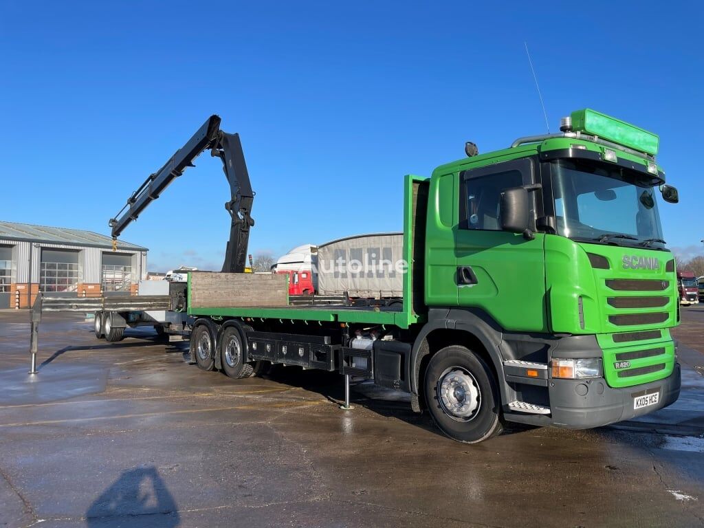 camion plateau Scania R420 6X4 DRAWBAR OUTFIT FLATBED CRANE – 2005 – KX05 HCE