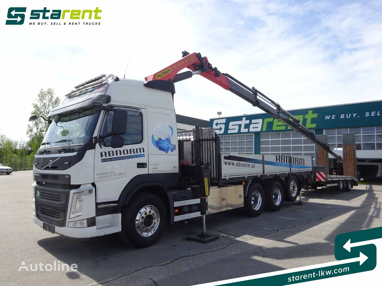 camion plateau Volvo FM500 + remorque porte-engins