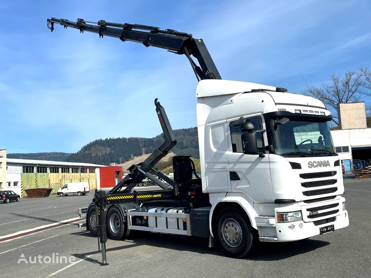 ciężarówka hakowiec Scania G490, 10/2015, 6x2, Crane hook lift, Hiab 244 - 5 Hipro + RC