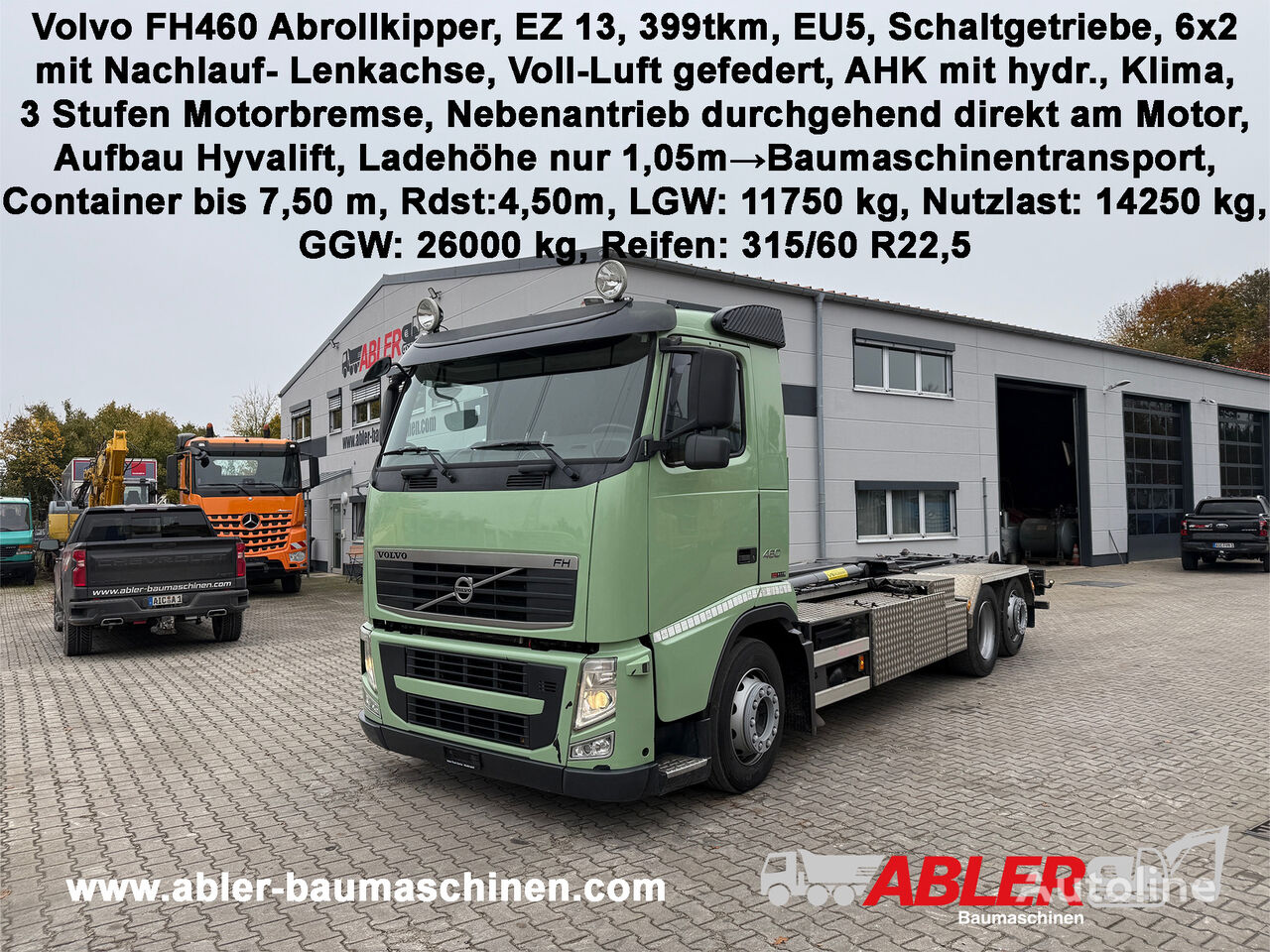 Volvo FH460 Abrollkipper Baumaschinentransporter Ladehöhe 1,05 m AHK