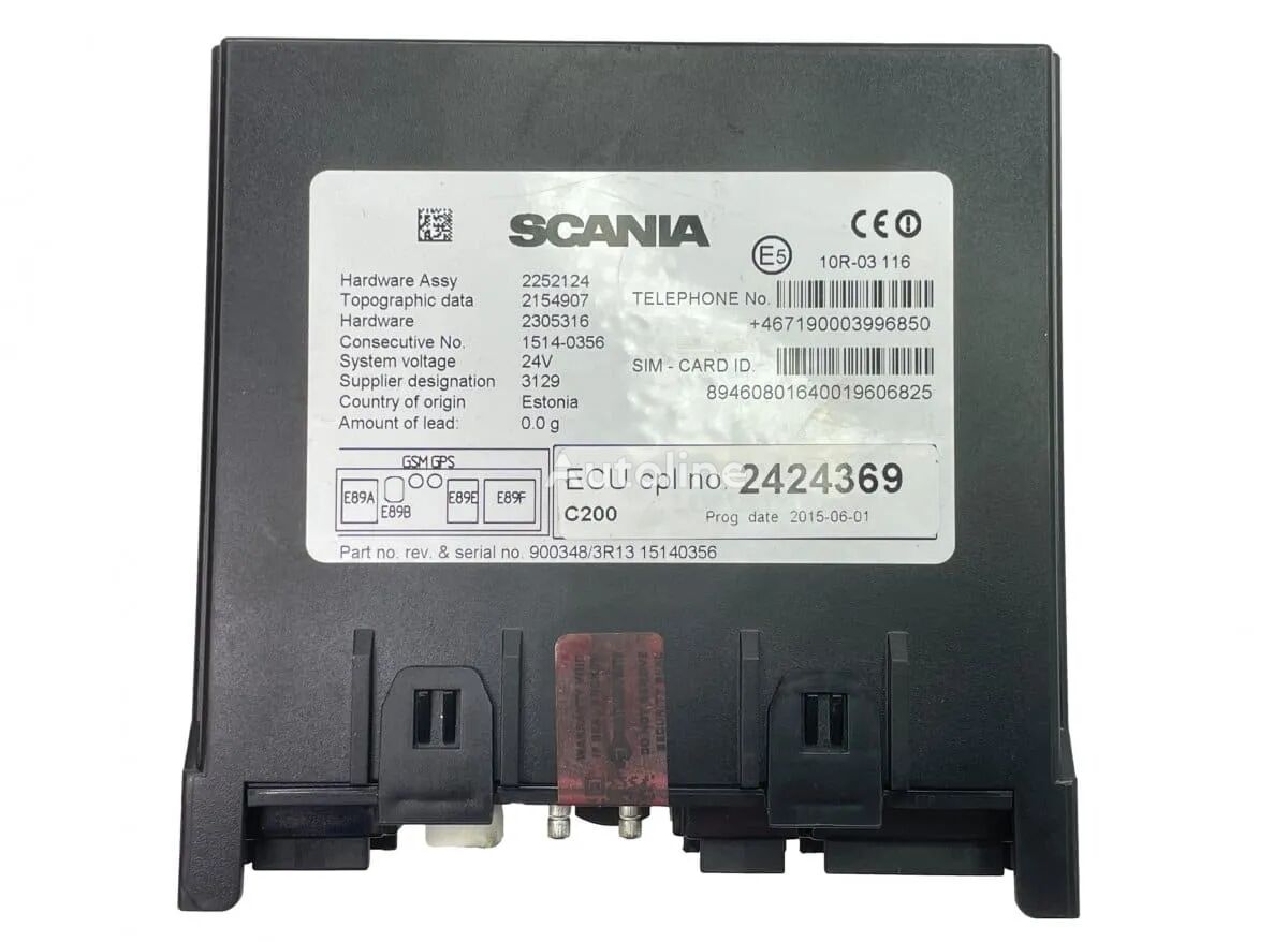 Unitate de Control RTC unidad de control para Scania 2424369 – Hardware Assy 2252124 – Topographic data 2154907 – Hardware 2305316 – Consecutive No. 1514-0356 – System voltage 24V – Supplier designation 3129 – GSM GPS – Prog date 2015-06-01 camión