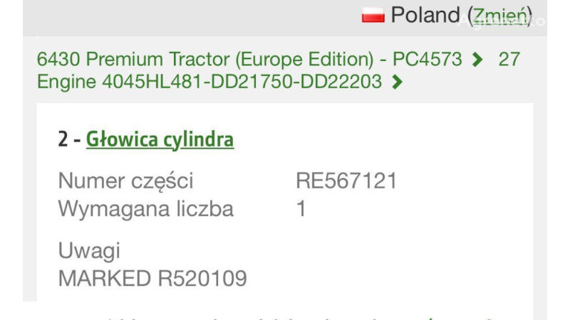 John Deere RE523430 cilindru bloka galviņa