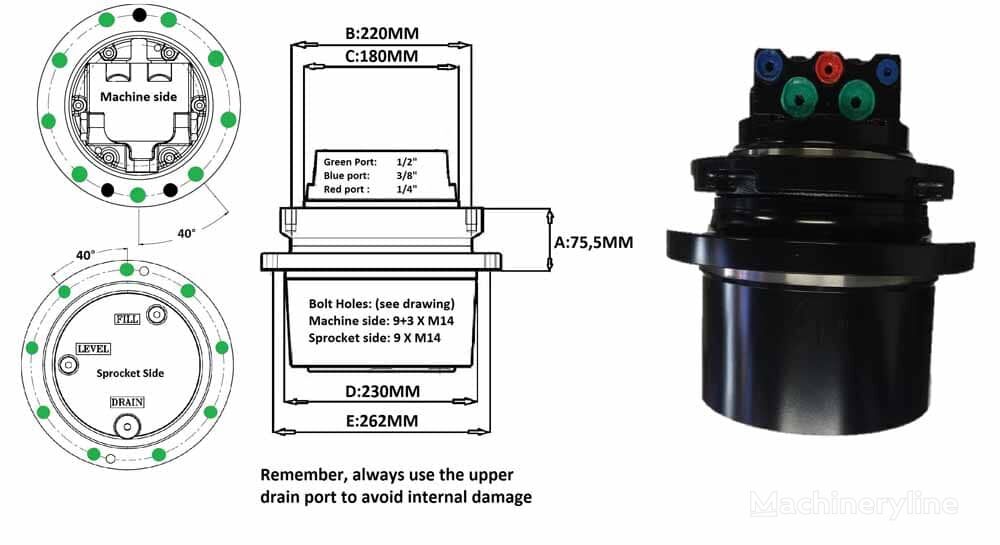 Transmisie finală pentru Fahrantrieb für Takeuchi TB145 – Dimensiuni și specificații tehnice Baumaschinen