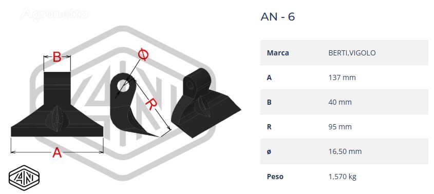CRUSHER HAMMER/MARTILLO TRITURADOR AN-06 40X137 R.95 T.16,5 RPMARPOM50185 kniv til mulchmaskine - Agronetto