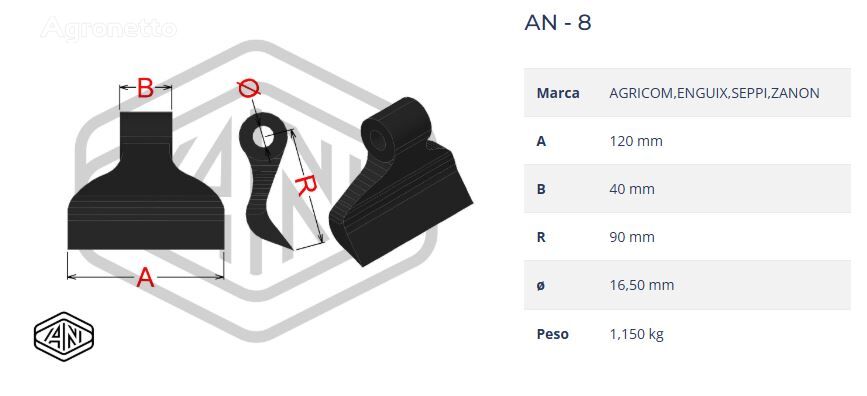 CRUSHER HAMMER/MARTILLO TRITURADOR AN-08 40X120 R.90 T.16,5 RPMARPOM40165 knife for mulcher - Agronetto