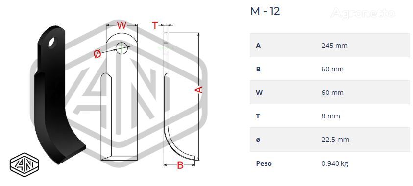 SHREDDER BLADE/CUCHILLA TRITURADORA M-12 60X8 T.22,5 M00225608028 knife for mulcher