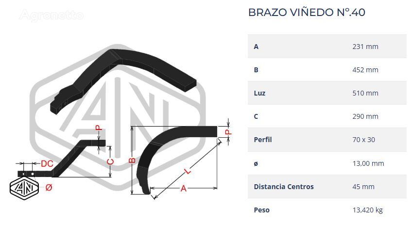 couteau VINEYARD ARM/BRAZO VIÑEDO Nº40 BR7030VGOLSTI pour broyeur