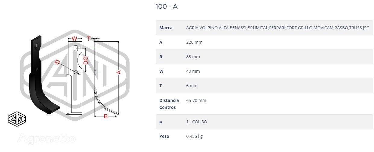 relha Agria BLADE 100A ,VOLPINO,ALFA,BENASSI,BRUMITAL,FERRARI,FORT,GRILLO C01004006010 para cultivador rotativo