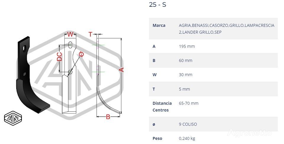 лемех Agria BLADE 25S ,BENASSI,CASORZO,GRILLO,LAMPACRESCIA 2,LANDER GRILLO,S для почвофрезы