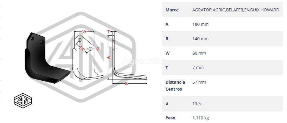 شفرة المحراث BLADE/CUCHILLA 2-UNI 80X7 T.13,5 C00028007010 لـ آلة الحراثة الدوارة AGRATOR, AGRIC, BELAFER, ENGUIX, HOWARD