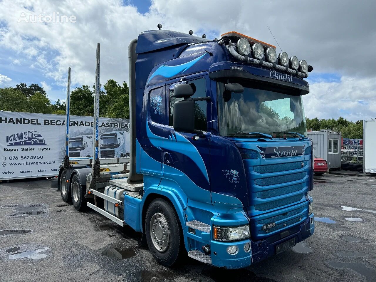 camião de transporte de madeira Scania R490 Timber-truck + crane hydraulics, 2017