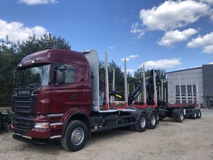 ciężarówka do przewozu drewna Scania R500 KM 6x4 z dźwigiem LOGLIFT do drewna resor manual nowe opony + przyczepa leśna