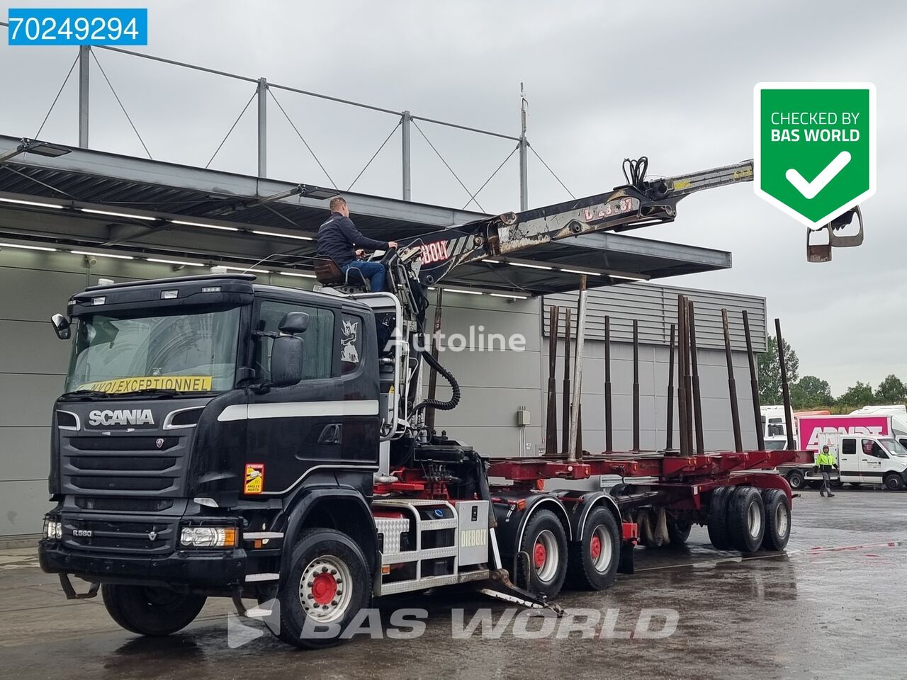 тягач Scania R580 6X4 Holz Kran Diebolt D28 Full-Steell Extentable Trailer