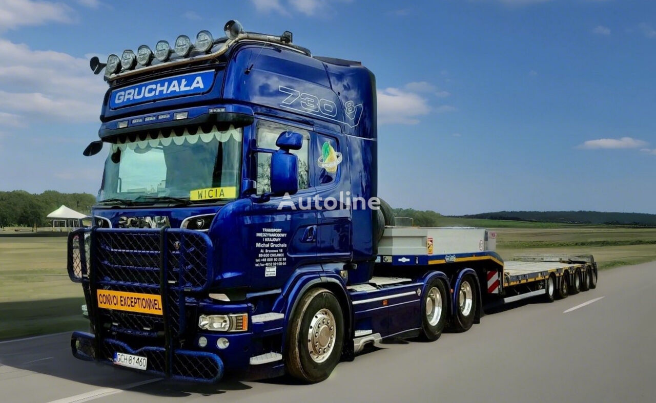 السيارات القاطرة Scania S730 V8 (6x4) trailer has ONLY 350tyś been driven! narrow semi-t + العربات نصف المقطورة عربة مقطورة مسطحة منخفضة